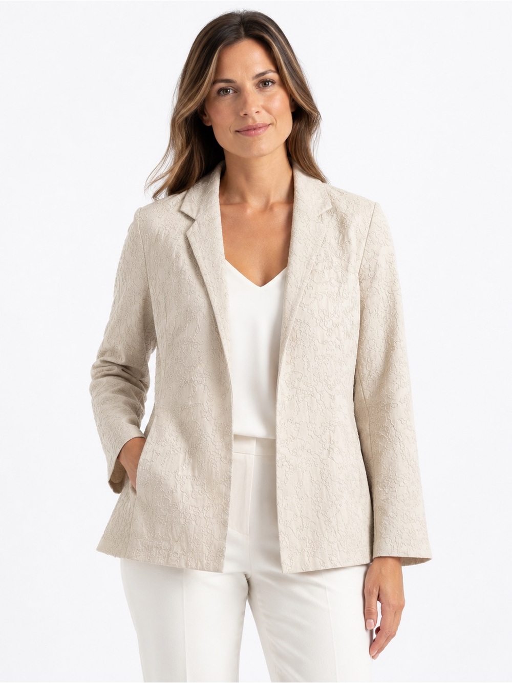 Eileen Fisher 100% Silk Embroidered Open Front Blazer Jacket Ivory Beige Medium